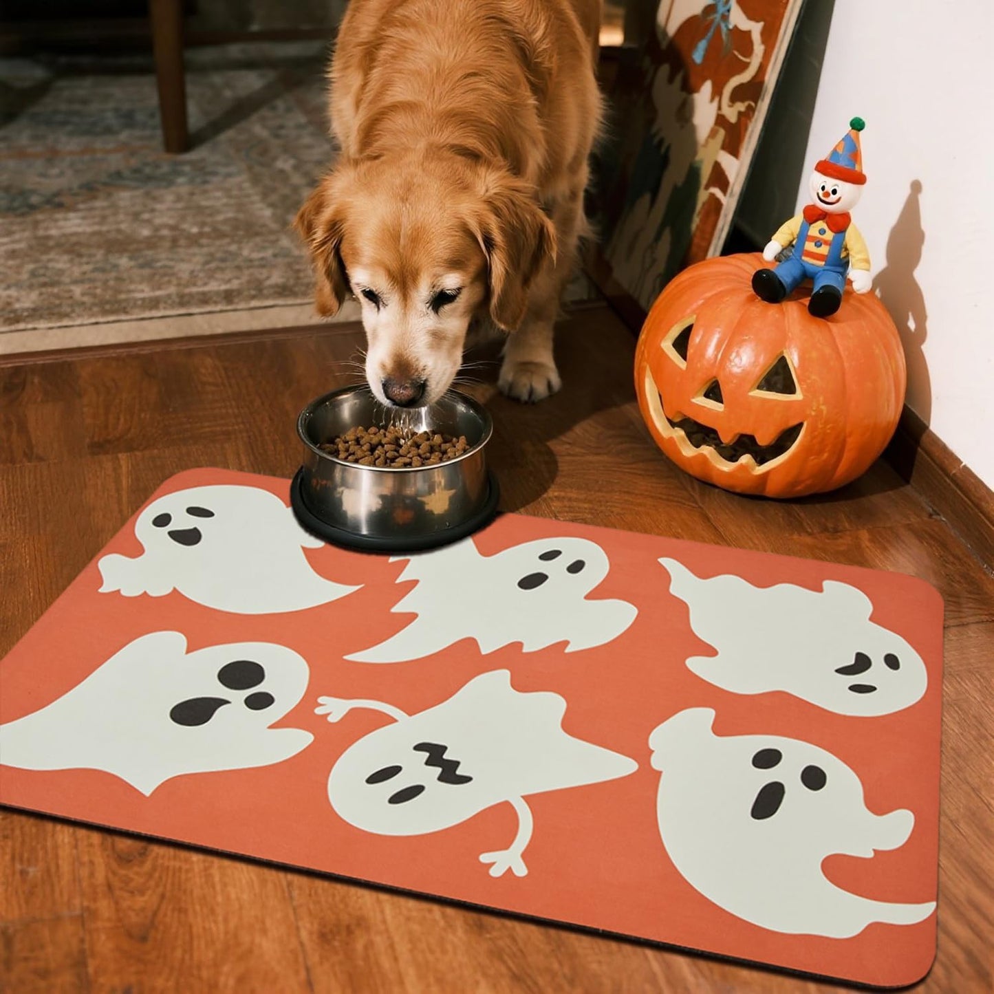 Halloween Bath Mat, Thin Halloween Bathroom Rug Non Slip Quick Dry Bath Mat Fits Under Door Thin Floor Mat Halloween Decor, 24''x36'', Cute Ghosts Orange