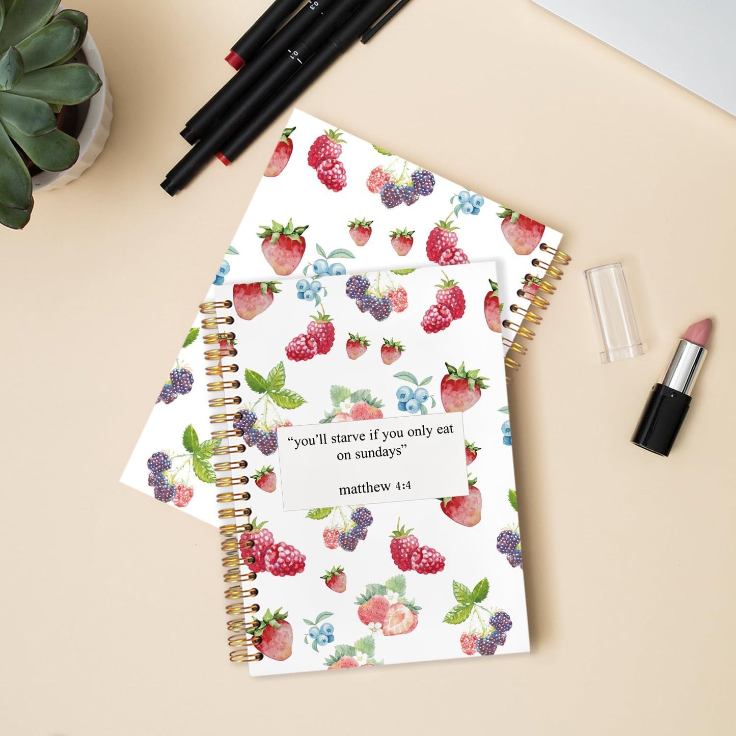 Motivational Fruit Christian Spiral Journal Notebook 5.5x8.3in, You'll Starve If You Only Eat on Sundays Inspirational Bible Prayer Journal, Christian Notebooks for Note Taking