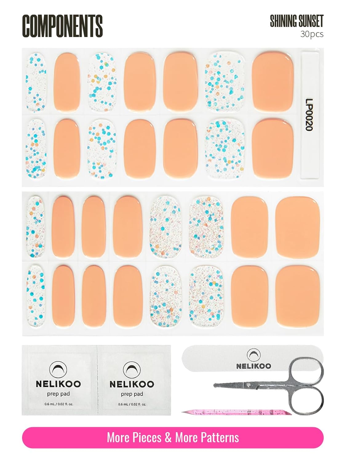 Semi Cured Gel Nail Strips, 30pcs Gel Nail Wraps, 2 Weeks Long Lasting