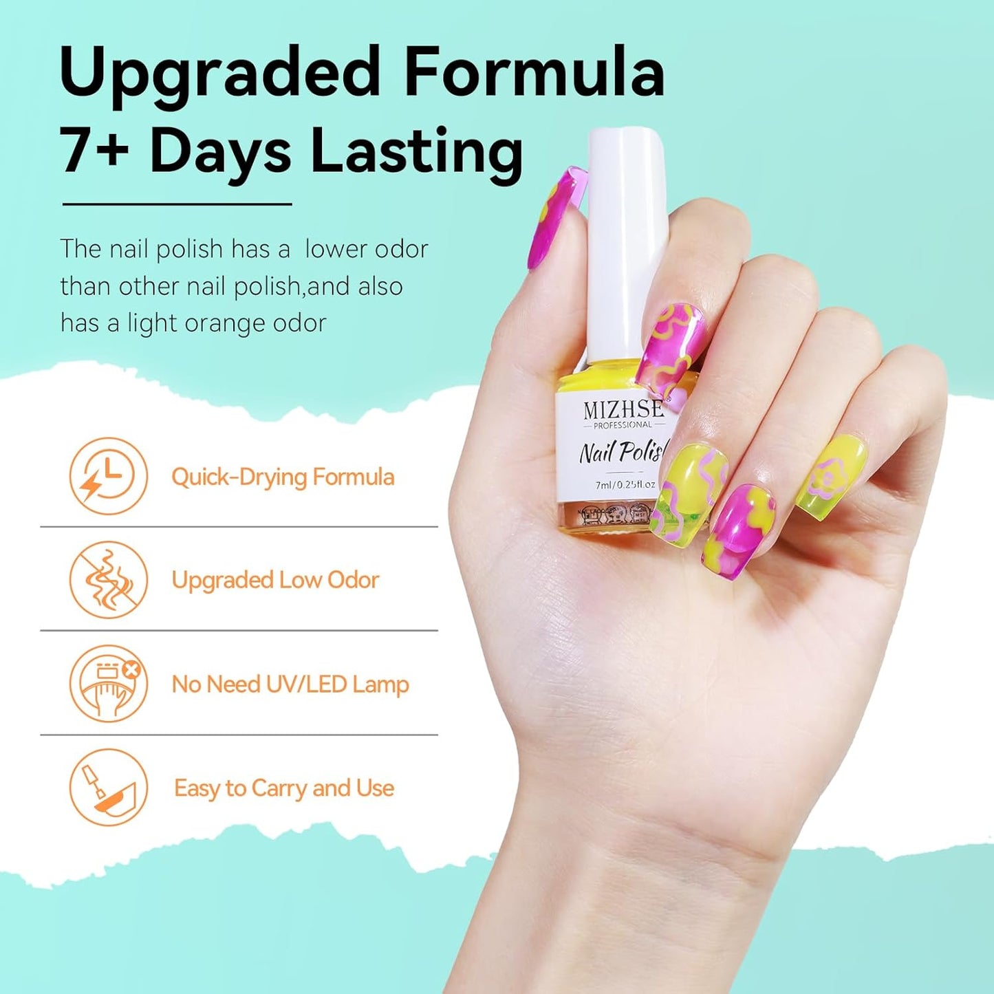 MIZHSE Quick Dry Nail Polish Set: Neon Colors Nail Polish Air Dry Fast, Fluorescent Fingernail Polish Non-Gel Yellow Orange Green Fast Drying Nail Lacquer Gift for Women Girls