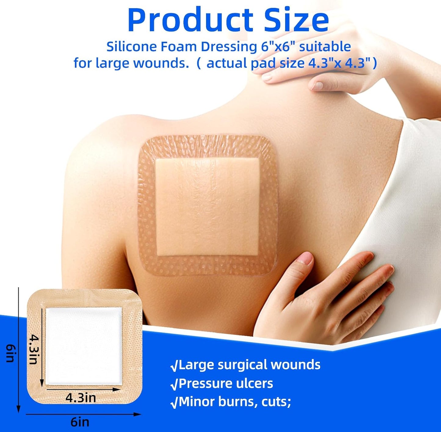 10 Count Silicone Foam Dressing 6" x 6" - Large Bandages for Wounds, Wound Dressing Waterproof Silicone Bandages for Bedsores, Diabetic Foot Ulcers, I-II Degree Burns