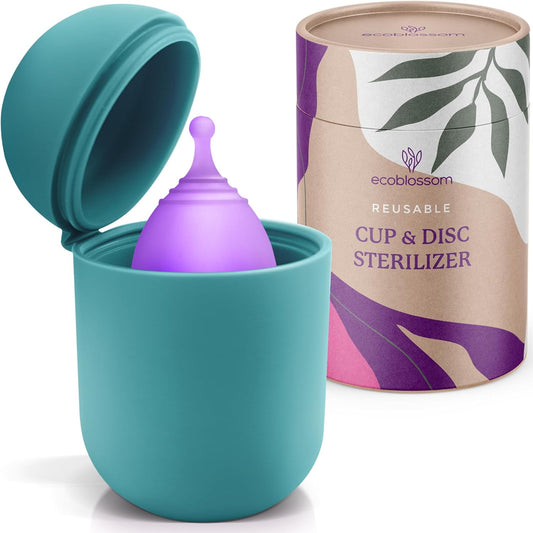 EcoBlossom Menstrual Cup Case and Sterilizer - Reusable Silicone Sterilizing Holder - Cleaner Period for You and Your Disc or Cup - Portable Cleaning Container & Microwave Steamer (Cyan)