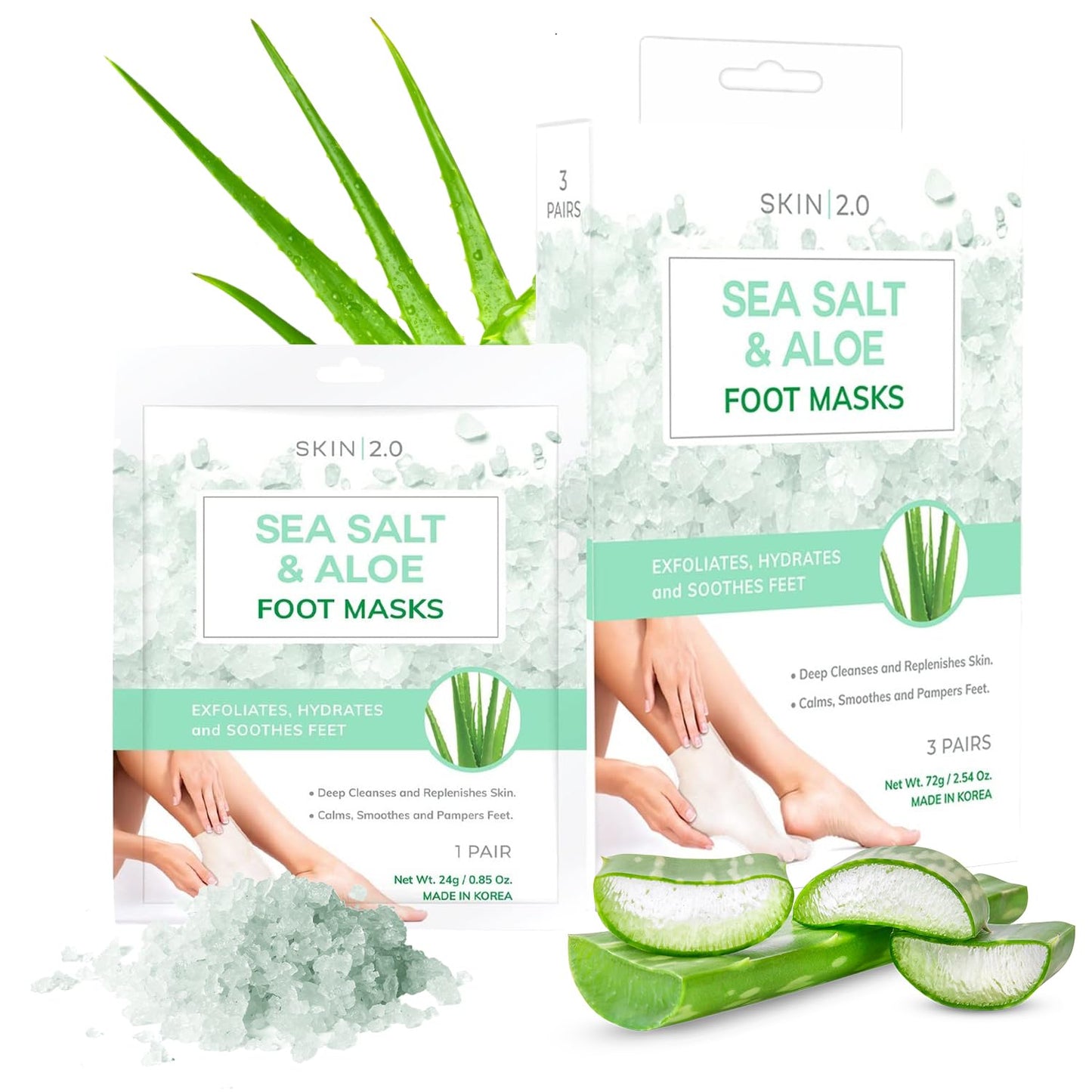 Sea Salt & Aloe Foot Masks - Cracked Heel Treatment, Soothing & Hydrating, Exfoliating Foot Mask - Dermatologist Tested Korean Skincare - Clean Beauty, Cruelty-Free, All Skin Types - 3 Pairs