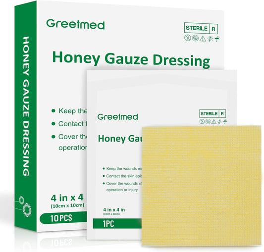 Honey Gauze Wound Dressing 4" x 4" Medical Grade Manuka Honey Wound Care Pads Honey Bandages for 1st & 2nd-Degree Burns, Abrasions, Cuts and Scalds (Individually Pack of 10)