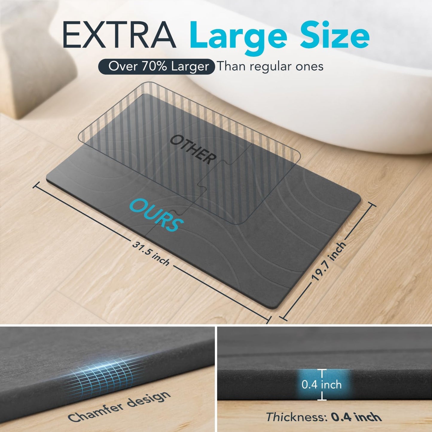 32 * 20 Large Stone Bath Mat for Bathroom Quick Dry Diatomaceous Earth Bath Mat, Non Slip Magic Absorbent Bathroom Floor Shower Mat Water Absorbing Diatomite Stone Dying Bathmat Grey