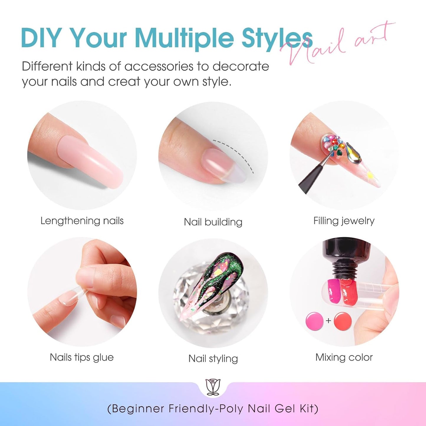 Poly Nail Gel Starter Kit -14 Colors + 75 Nail Art Accessories Kit, ROSALIND Neon Poly Extension Gel with Big UV Light 48W and Electric Nail Drill Starter Kit with Everything