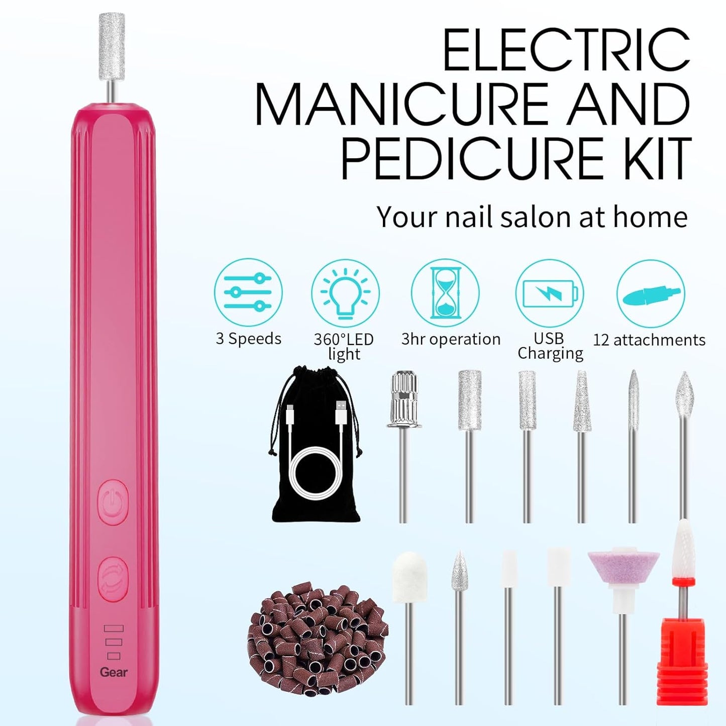 Professional Manicure Pedicure Kit -360° Light, Rechargeable Electric Nail Drill, Cordless Electric Nail File Set, 3 Speeds Hand Foot Care Nail Drill for Thick Nail Toenail Cuticle,Red