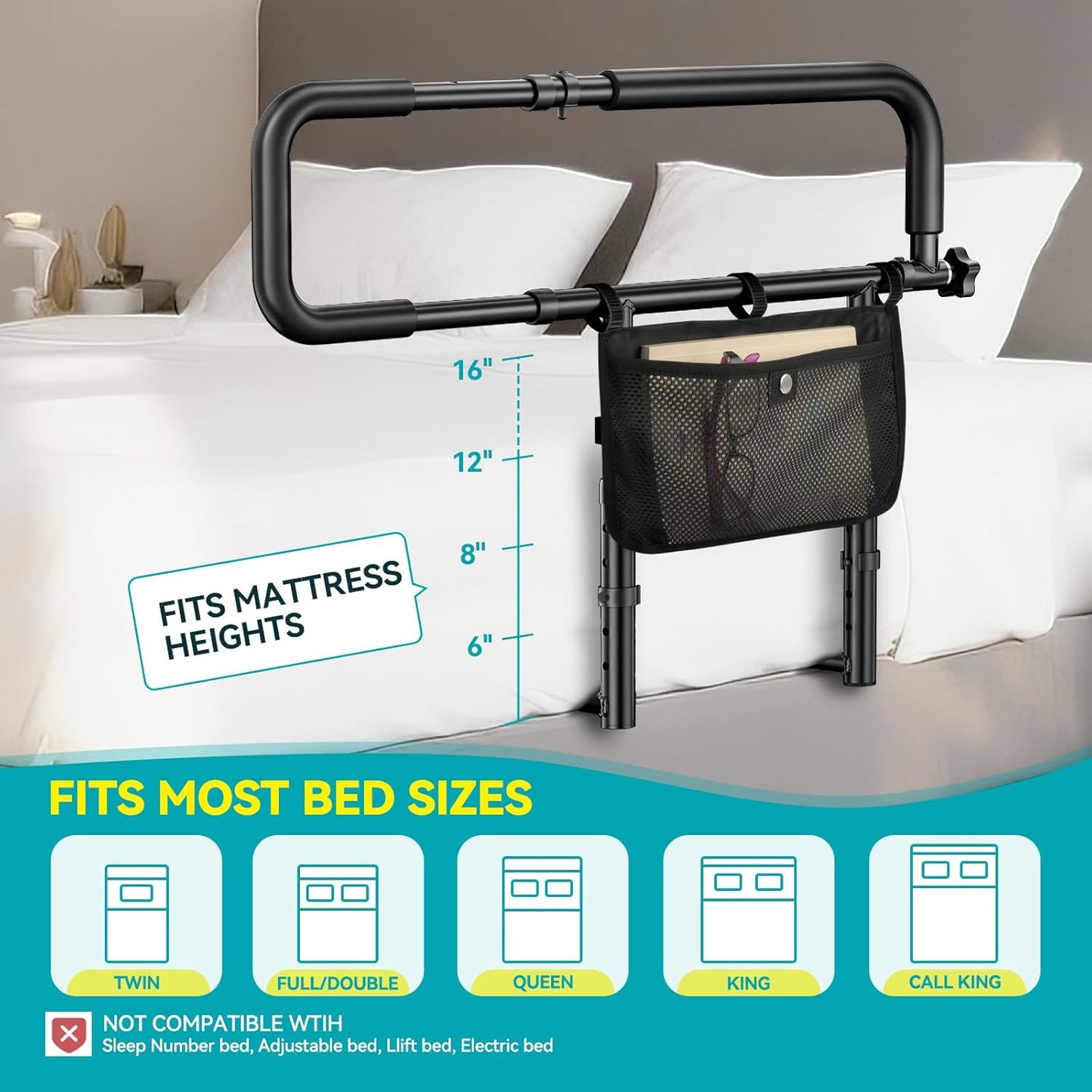 FORTEMOTUS Bed Rails for Elderly Adults Safety with Foldable & Retractable Grab Bar Handrails, ASTM Bedside Rail with Adjustable Height, Storage Pocket & Safety Strap