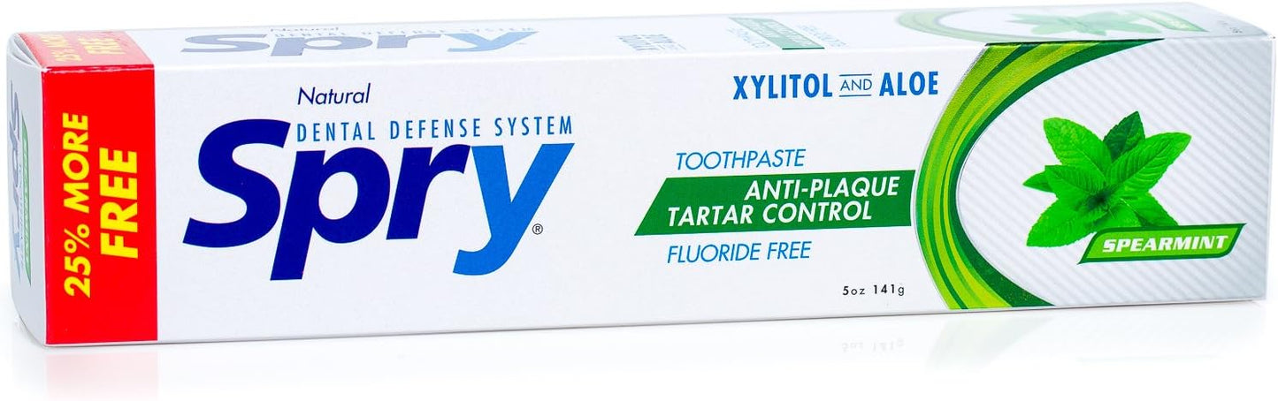Spry Natural Xylitol Toothpaste 5oz for Adults and Kids - Fluoride Free, Gentle for Sensitive Teeth Whitening and Remineralizing, Breath Freshening, Mouth Moisturizing, Spearmint (Pack of 1)