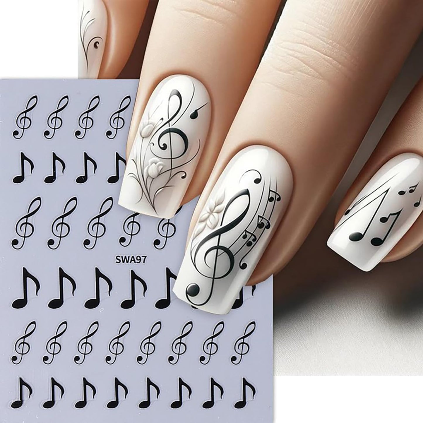 6 Sheets Musical Symbols Nail Art Stickers 3D Self-Adhesive Nails Sticker Music Notation Nails Art Decals Holographic Music Decal Decoration for Women Silver Black Manicure Stickers DIY Nail Supplies