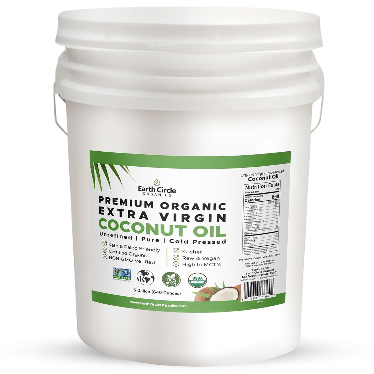 Earth Circle Organics Premium Ultra-Pure UNREFINED Cold Pressed Organic Extra Virgin Coconut Oil - Gluten-Free, Keto & Paleo Friendly - Pure Oil for Skin & Hair Care, Cooking, Baking & More - 5 Gallon