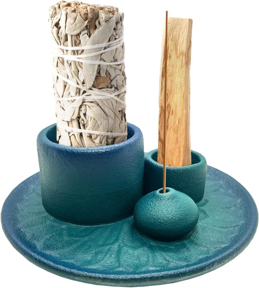 Palo Santo Holder - 4 in 1 Incense & Candle Holder - Ceramic Incense Holder Ash Catcher Tray for Meditation Room - Easy to Clean (Blue)