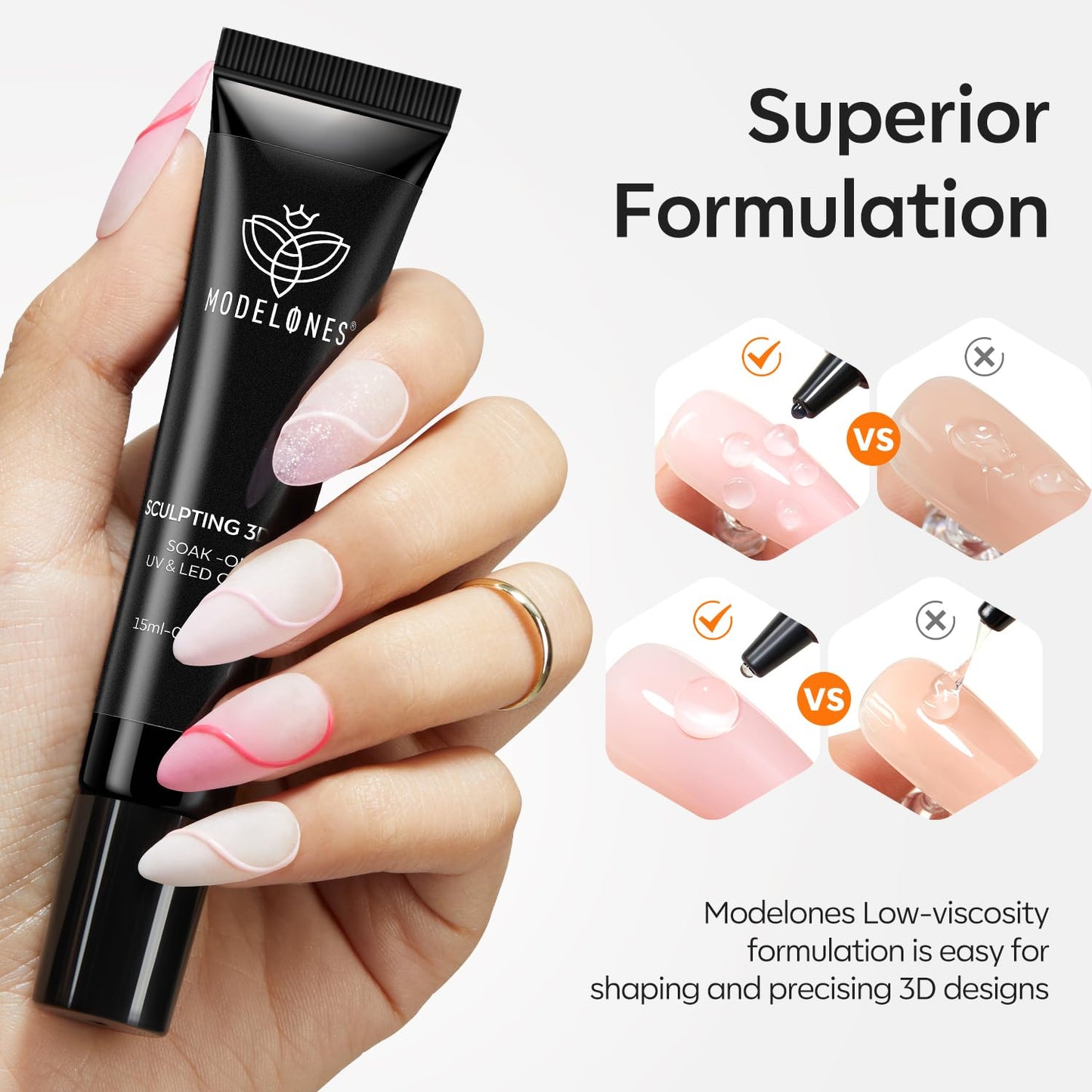 Modelones 3D Gel Nail Art, Sculpting Gel Glue for Molding, Drawing, Charms & Gems Glue, Nail Stuff for Chrome Powder and Rhinestone Design No Wipe, U V Light Cured Salon & DIY Use