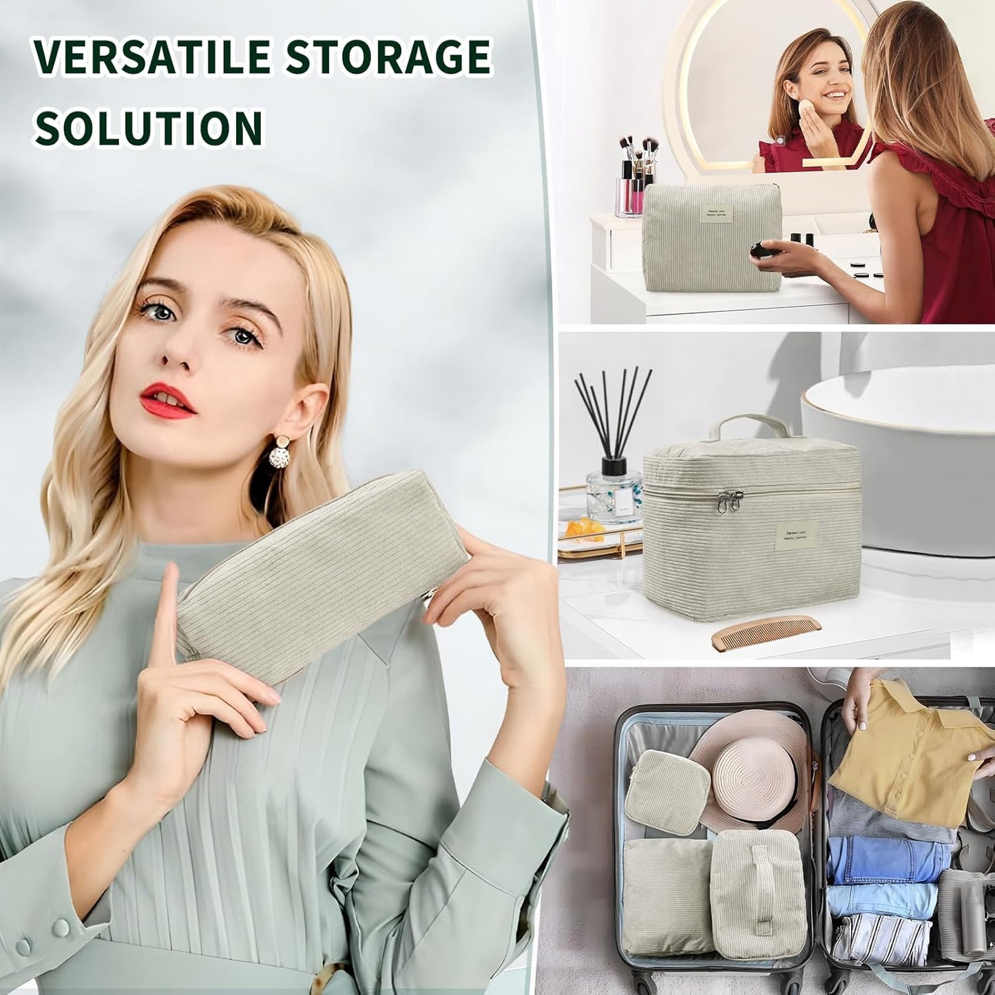 4 Pcs Makeup Bag for Women Corduroy Cosmetic Bag Aesthetic Cute Bags Multi Size Purse Pouch Travel Toiletry Bag Set Makeup Organizer with Zipper(BeigeCorduroy)