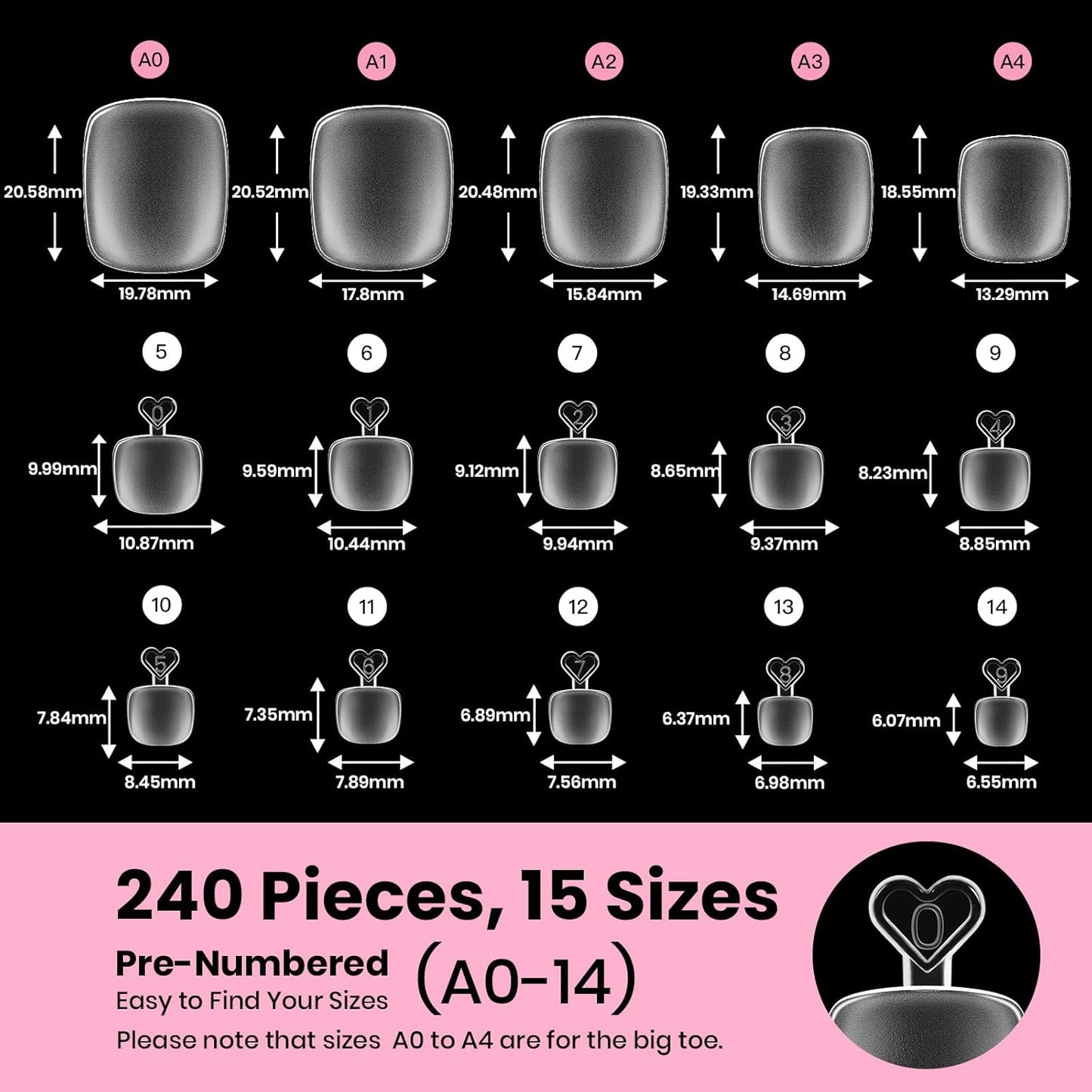 Beetles Toe Nail Tips Kit Square Plus with Nail Glue - 15 Size 240 Pcs Long Wider Nail Tips for Big Toes Pre-etched Double Matte Full Cover Press on Toenail Extensions Set for Women Home DIY