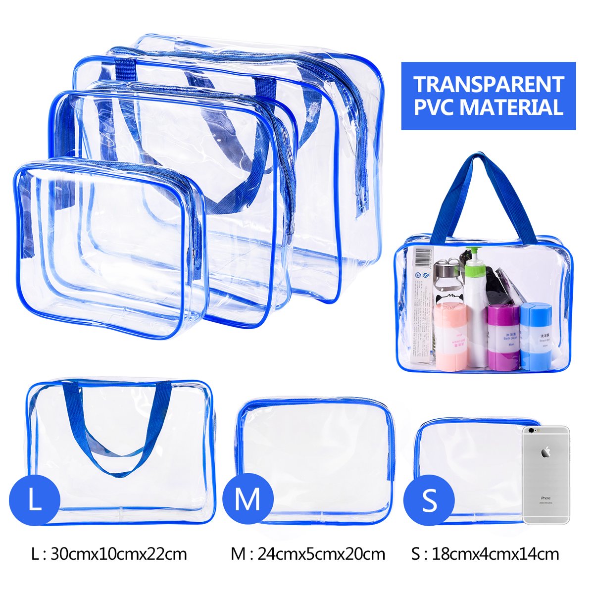 3Pcs Crystal Clear PVC Travel Toiletry Bag Kit for Women Men, Waterproof Vinyl Organizer Clear Makeup Bags with Zipper Handle Straps, Cosmetic Bag Pouch Carry on Airport Airline Compliant Bag Handbag