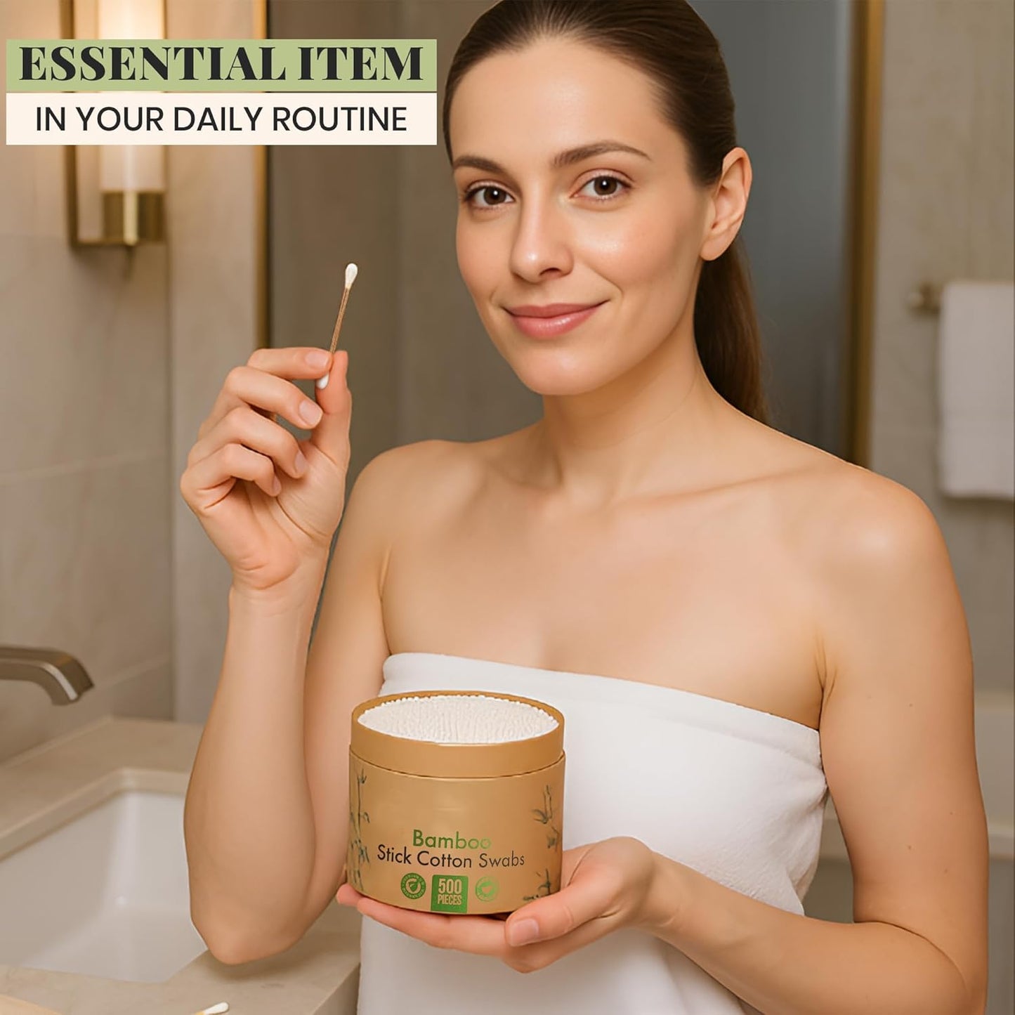 Natural Bamboo Cotton Swabs for Ears – 500 Pack – Qtips with Carbonized Bamboo for Durability – Eco-Friendly, Biodegradable & Vegan – 100% Cotton Ear Swabs for Makeup (Cylinder Box)