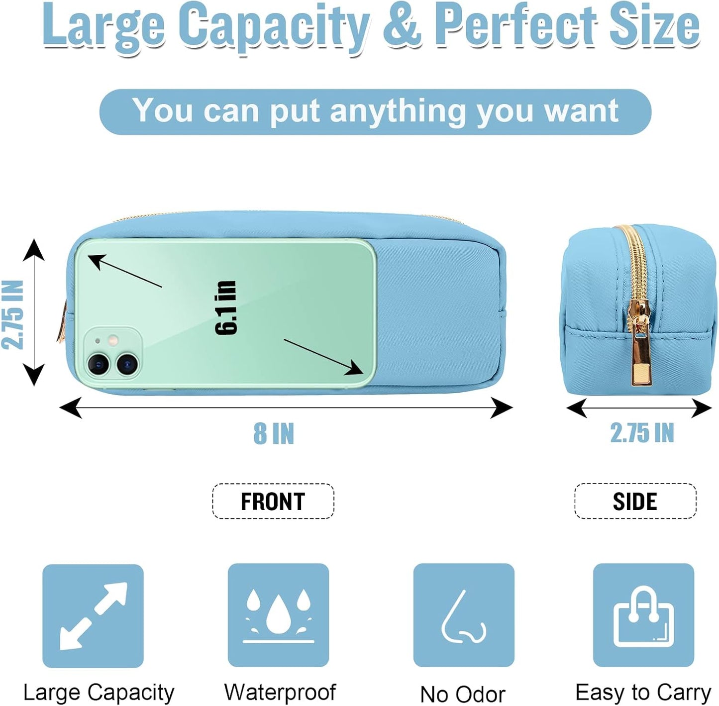 Izuzta Nylon Small Makeup Bag Slim Pouch, Preppy Cute Brush Case, Cosmetic Zipper for Purse, Waterproof Travel Toiletry Clutch Coin Organizer for Women Girls (Blue)