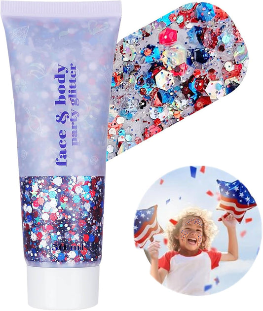Go Ho Red White and Blue Body Glitter,Patriotic Pride Face Glitter Gel,4th of July Outfits for Women Reflective Glitters Makeup,Holographic Long Lasting Chunky Sequins,Fourth of July USA Accessories