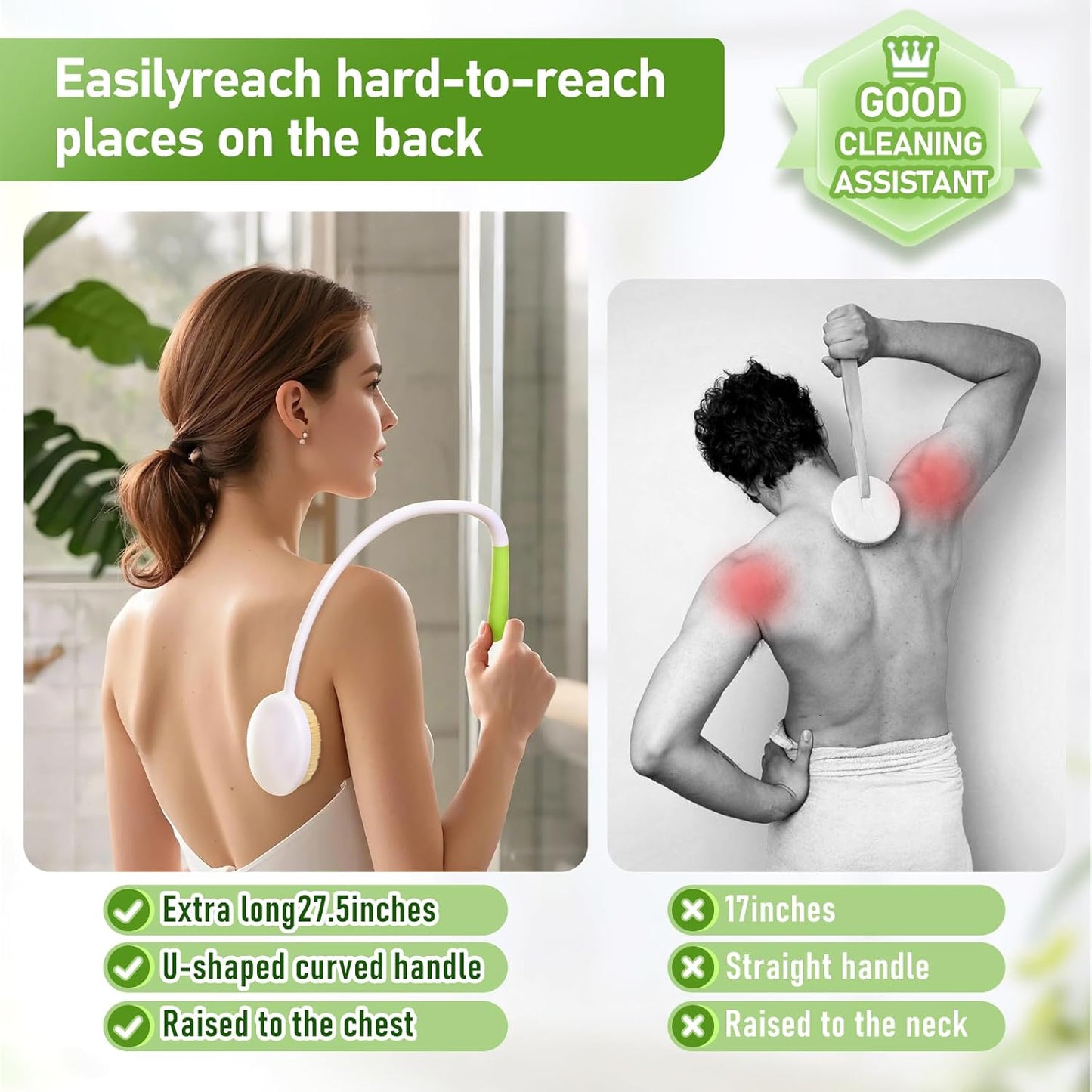 Fanwer 27.5” Back Bath Brush Long Handle for Shower and Silicone Body Scrubber, Shower Back Scrubber with Curved Handle for Elderly, Disabled, Limited Mobility, Post-Surgery, Frozen Shoulder