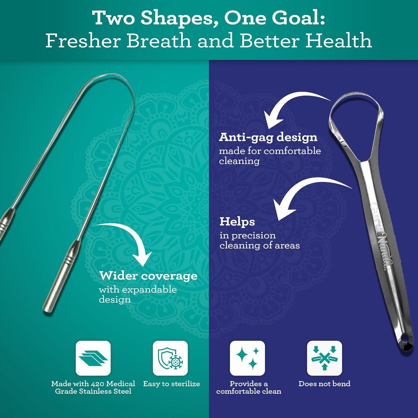 GuruNanda Spoon & U-Shaped Tongue Scraper Variety Pack (2 Pack) with Travel Case, 420 Medical Grade Stainless Steel, Promotes Fresh Breath & Oral Care