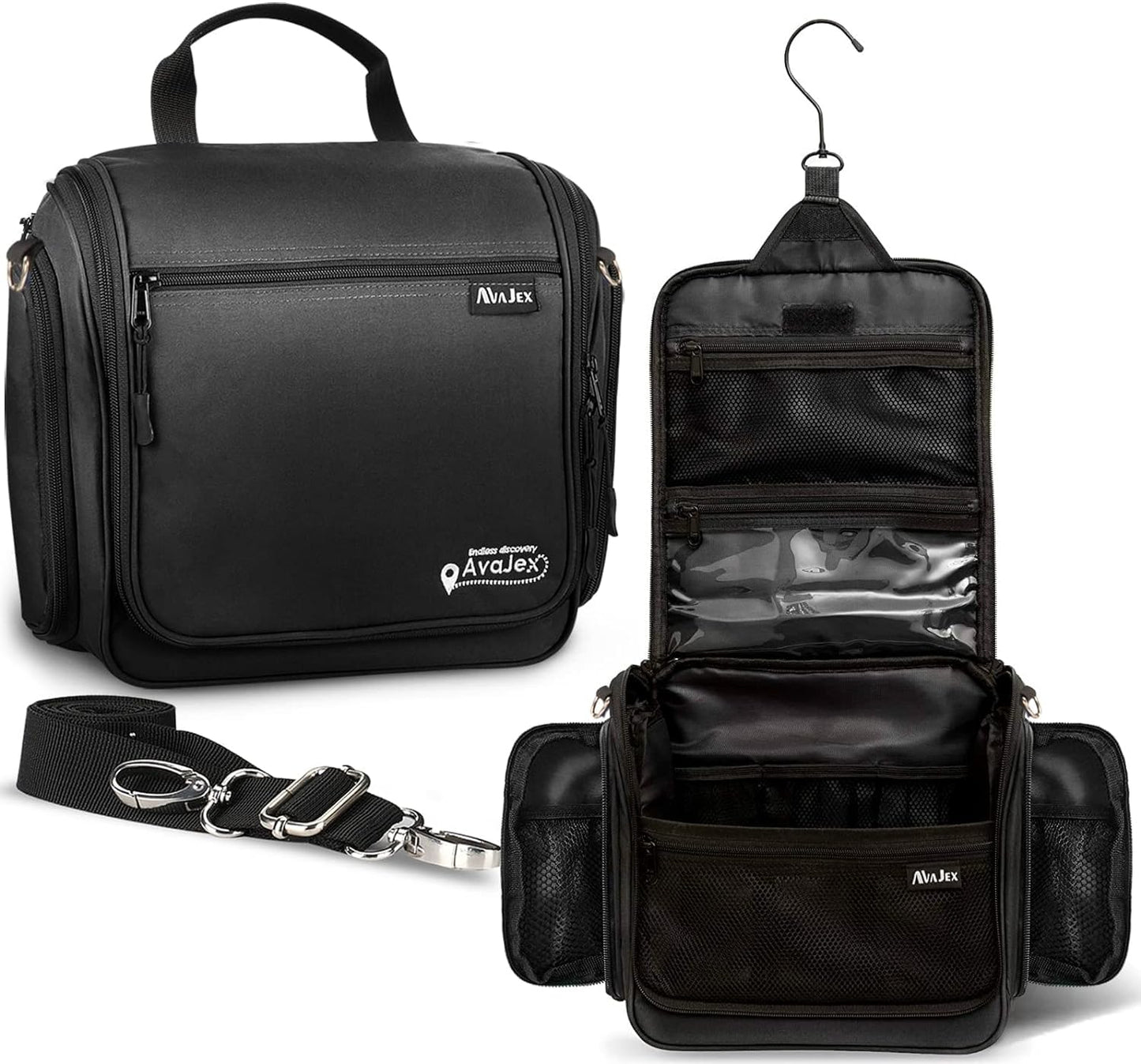 Extra Large (11.8”x11.8”x4”) Hanging Travel Toiletry Bag for Men and Women - Cosmetic Travel Bag With Shoulder Strap - Waterproof Hygiene Bag with Metal Swivel Hook and 19 Compartments for Toiletries