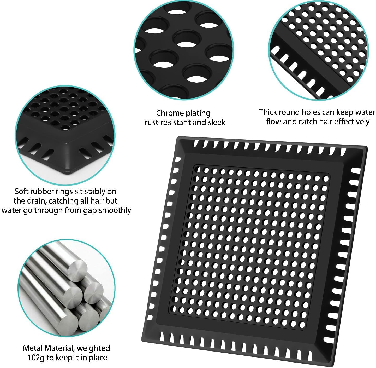 Hair Catcher/Drain Strainer/Shower Drain Cover for Bathroom Floor Drain, Stainless Steel and Silicone (4inch, Matte Black)