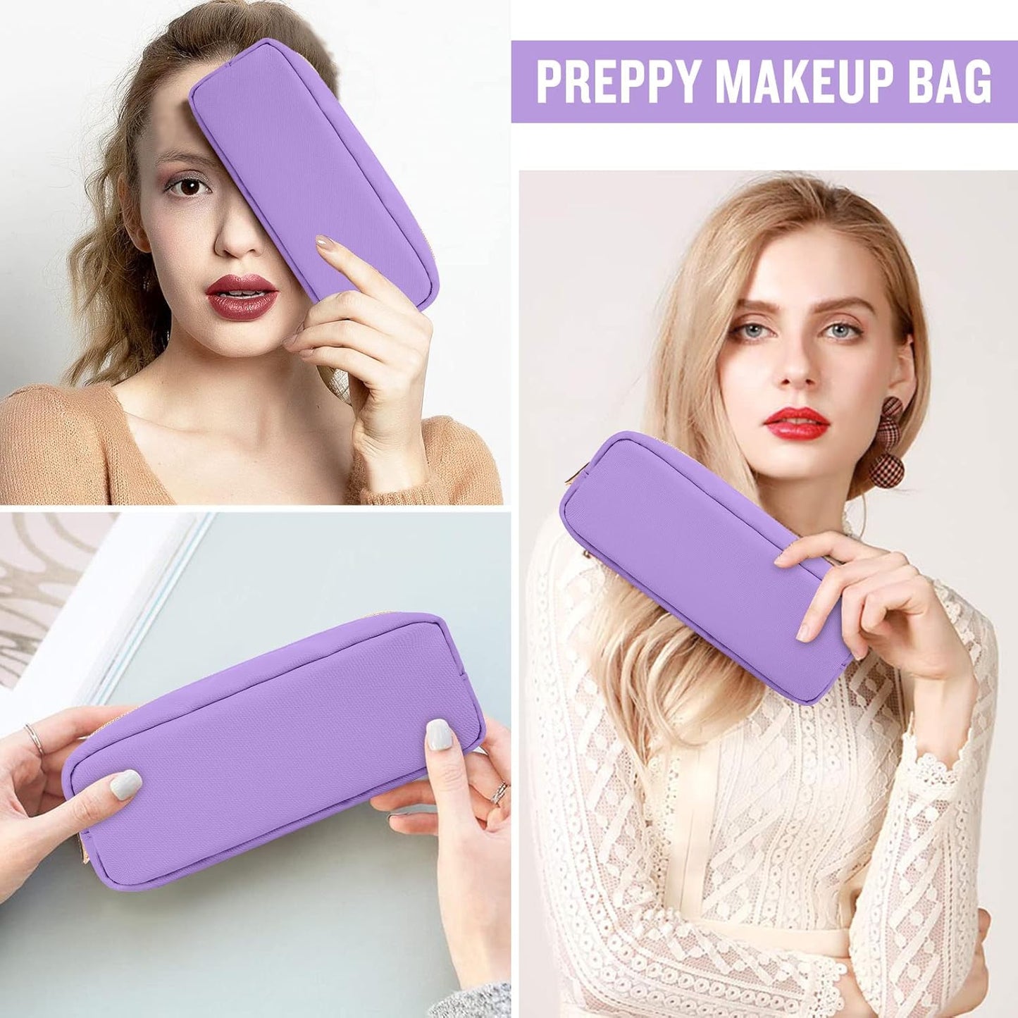 izuzta Nylon Small Makeup Bag Slim Pouch, Preppy Cute Makeup Brush Case Bag Cosmetic Zipper Pouch for Purse, Waterproof Travel Toiletry Bag Clutch Coin Pouch Makeup Organizer for Women Girls(Purple)