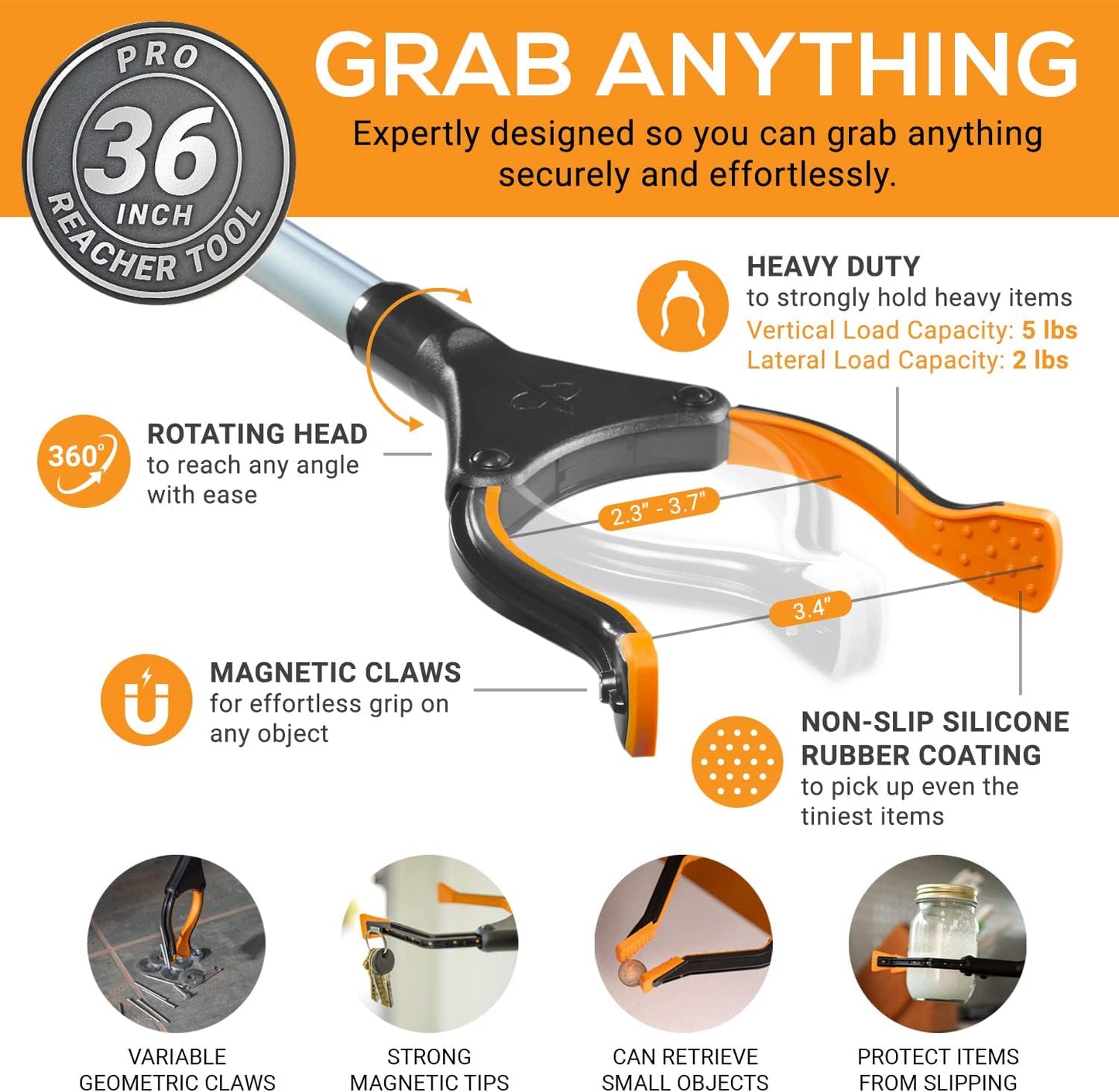 EZPIK Pro 36" Flexible Folding Grabber Tool for Elderly + Magnets, Reacher for Disabled & Seniors Heavy Duty Rotating Grippers for Reaching Underneath, Trash Grabbers & Pickers for Mobility