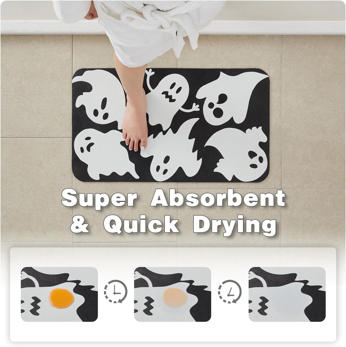Halloween Bath Mat, Thin Halloween Bathroom Rug Non Slip Quick Dry Ghost Bath Mat Fits Under Door Thin Floor Mat Halloween Decor, 24''x36'', Ghosts Black