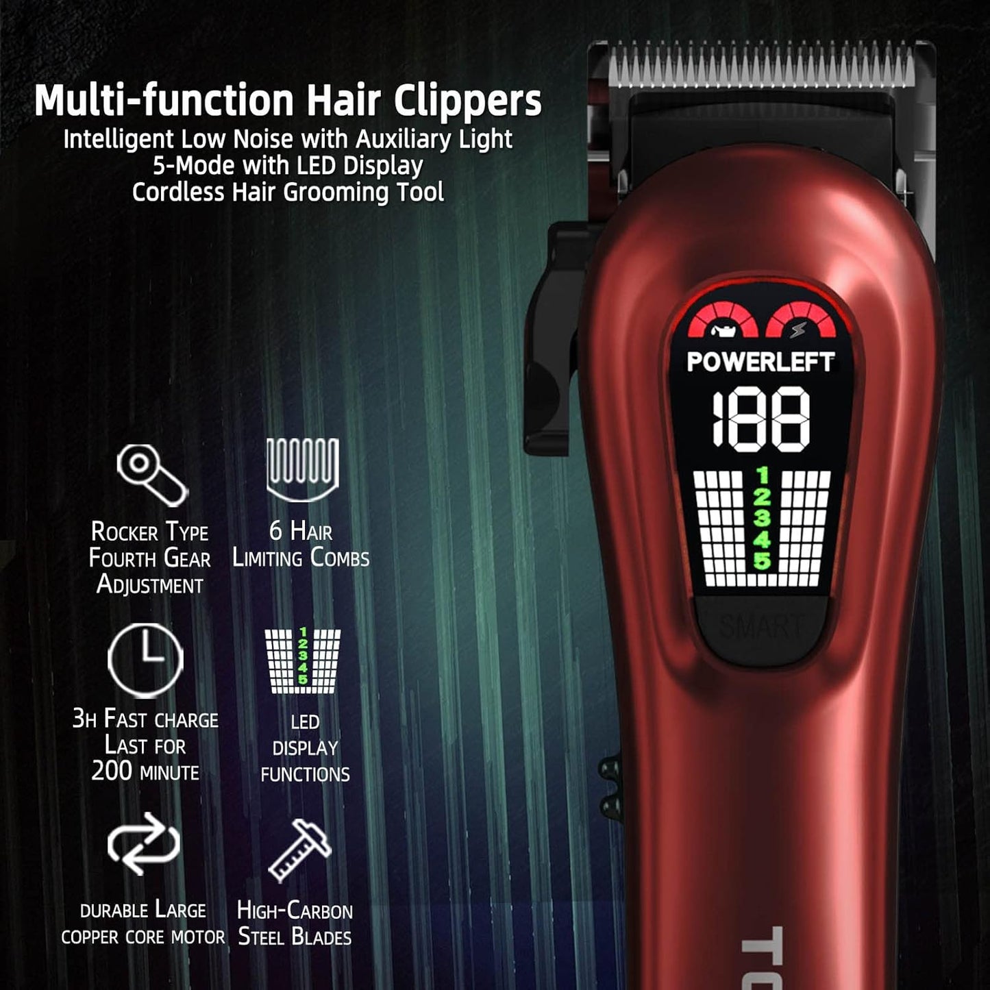 Hair Clippers for Men Professional Clippers for Men Cordless&Corded Barber Clippers for Hair Cutting & Grooming. Rechargeable Hair Trimmer Kit for Household (Red)