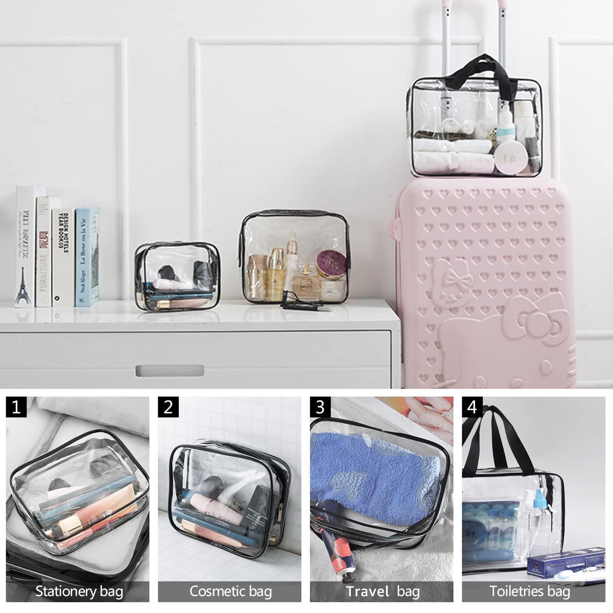 2Pcs Crystal Clear PVC Travel Toiletry Bag Kit for Women Men, Waterproof Vinyl Packing Organizer Storage Bags with Zipper Handle Straps, Cosmetic Pouch Carry on Airport Airline Compliant Bag Handbag