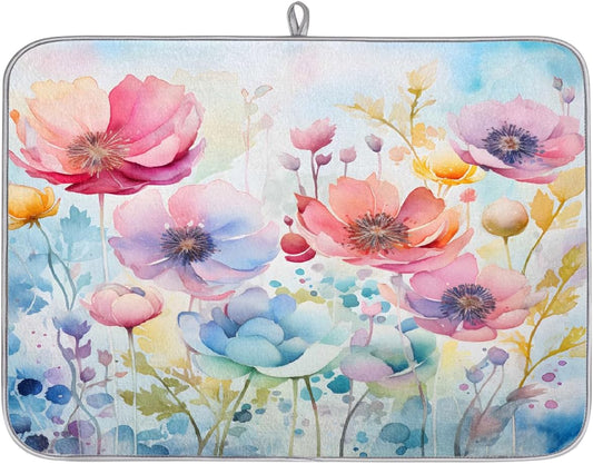 Dish Drying Mat Watercolor Spring Colorful Flowers Large Drying Mat for Kitchen Counter 18x24in Absorbent Dish Drainer Rack Pad, Heat Resistant Coffee Bar Mats Countertop Protector
