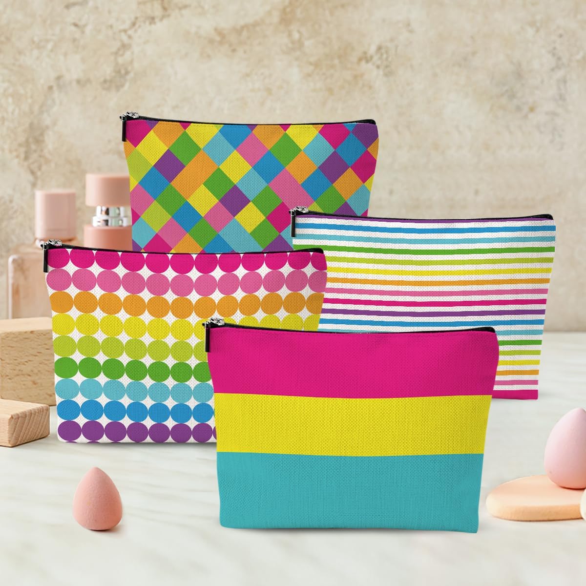 4pcs Colorful Rainbow Makeup Bag, Bright Neon Colors Cosmetic Bag, Christmas Wedding Anniversary Birthday Friendship Gifts for Women Girls Best Friends Bridesmaid Bestie Mom Travel Toiletry Bag
