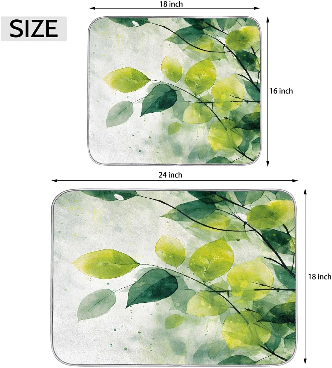 Dish Drying Mat Watercolor Green Leaves Art Large Drying Mat for Kitchen Counter 18x24in Absorbent Dish Drainer Rack Pad, Heat Resistant Coffee Bar Mats Countertop Protector