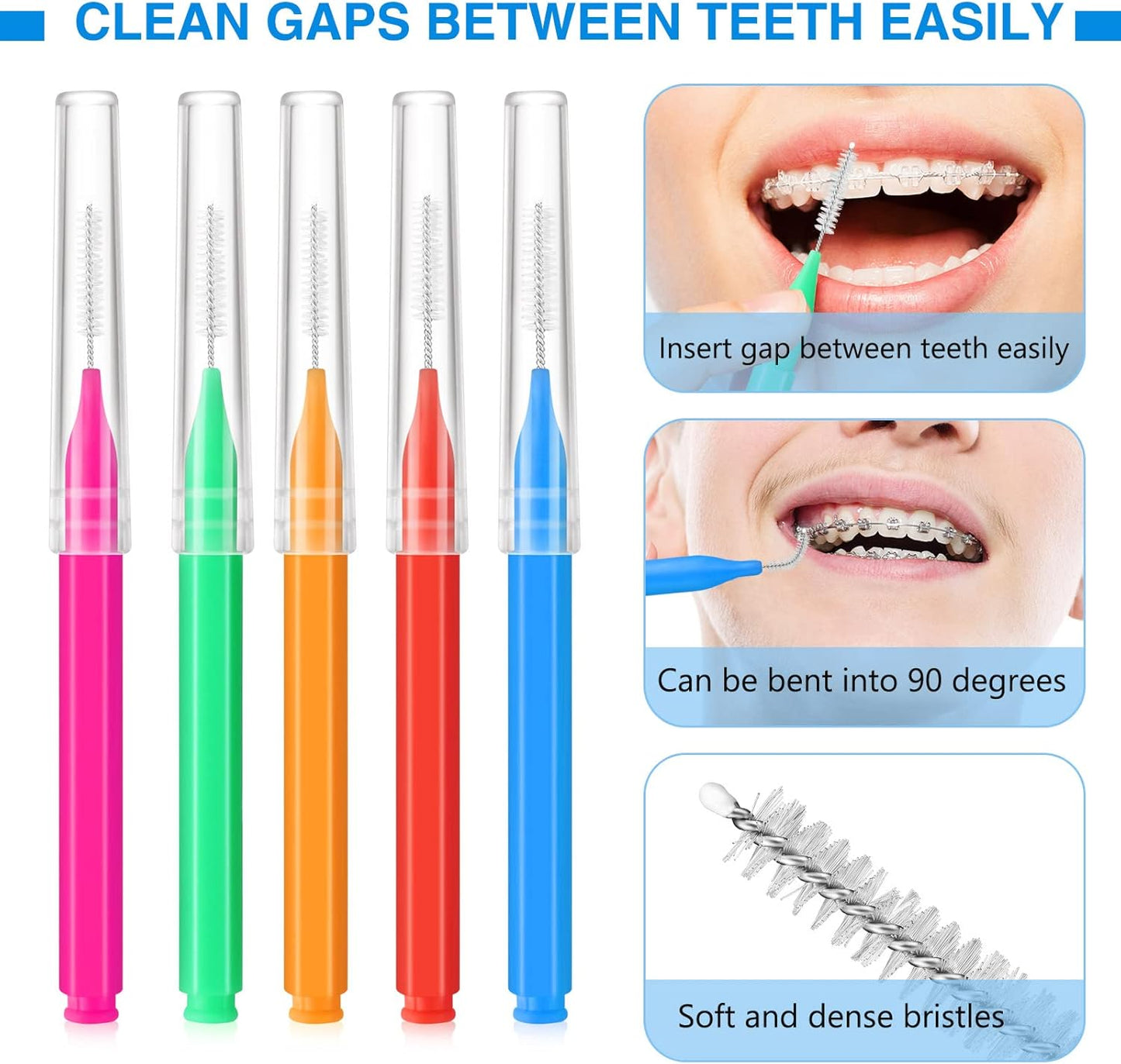 200 Pcs Interdental Brushes Braces Brush for Cleaner Disposable Dental Floss Picks Braces Flossers Dental Brush Soft Dental Tooth Flossing Head for Teeth Cleaning Tool, 5 Colors, 5 Sizes