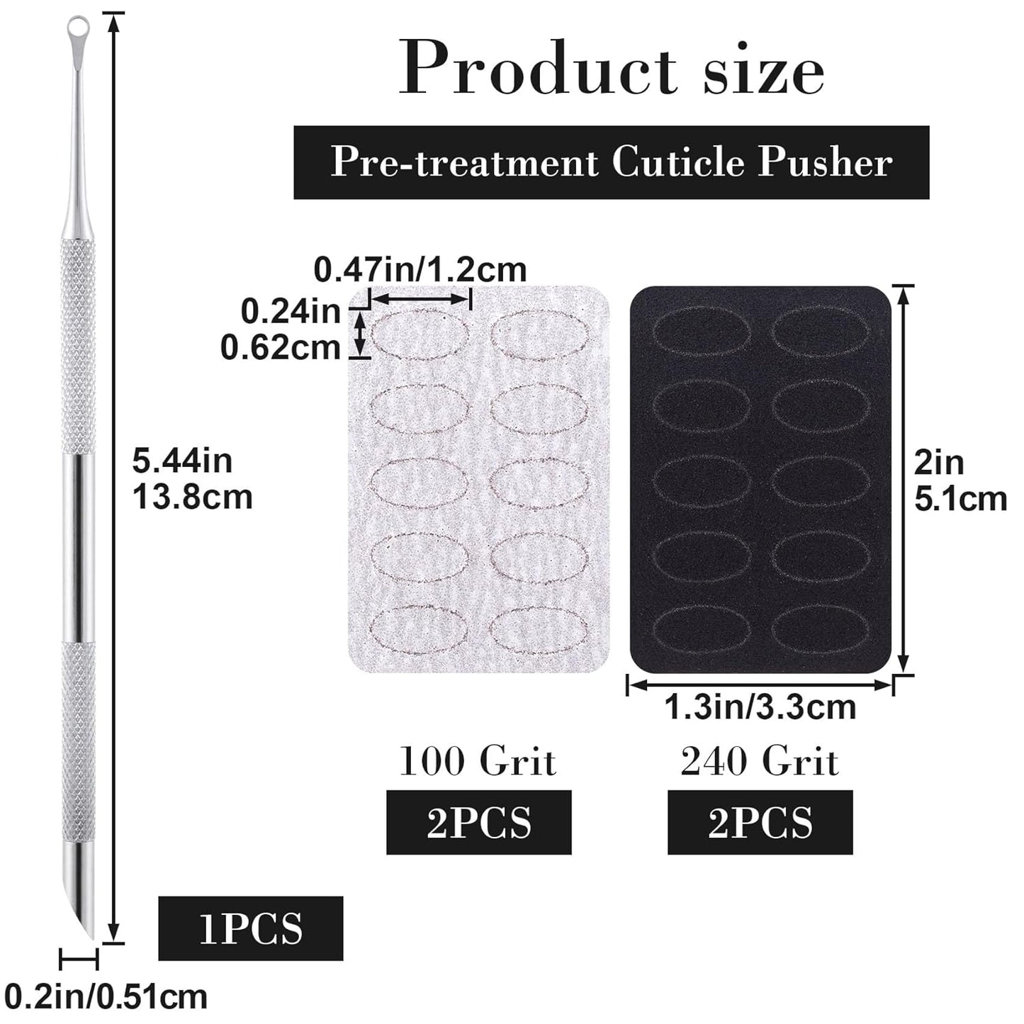 1 Pcs Cuticle Pusher Tool with 100#/240# Grit Nail Files, Metal Cuticle Tools, Stainless Steel Round Manicure Tools for Manicure Pedicure Nail Art, Salon, Home Use