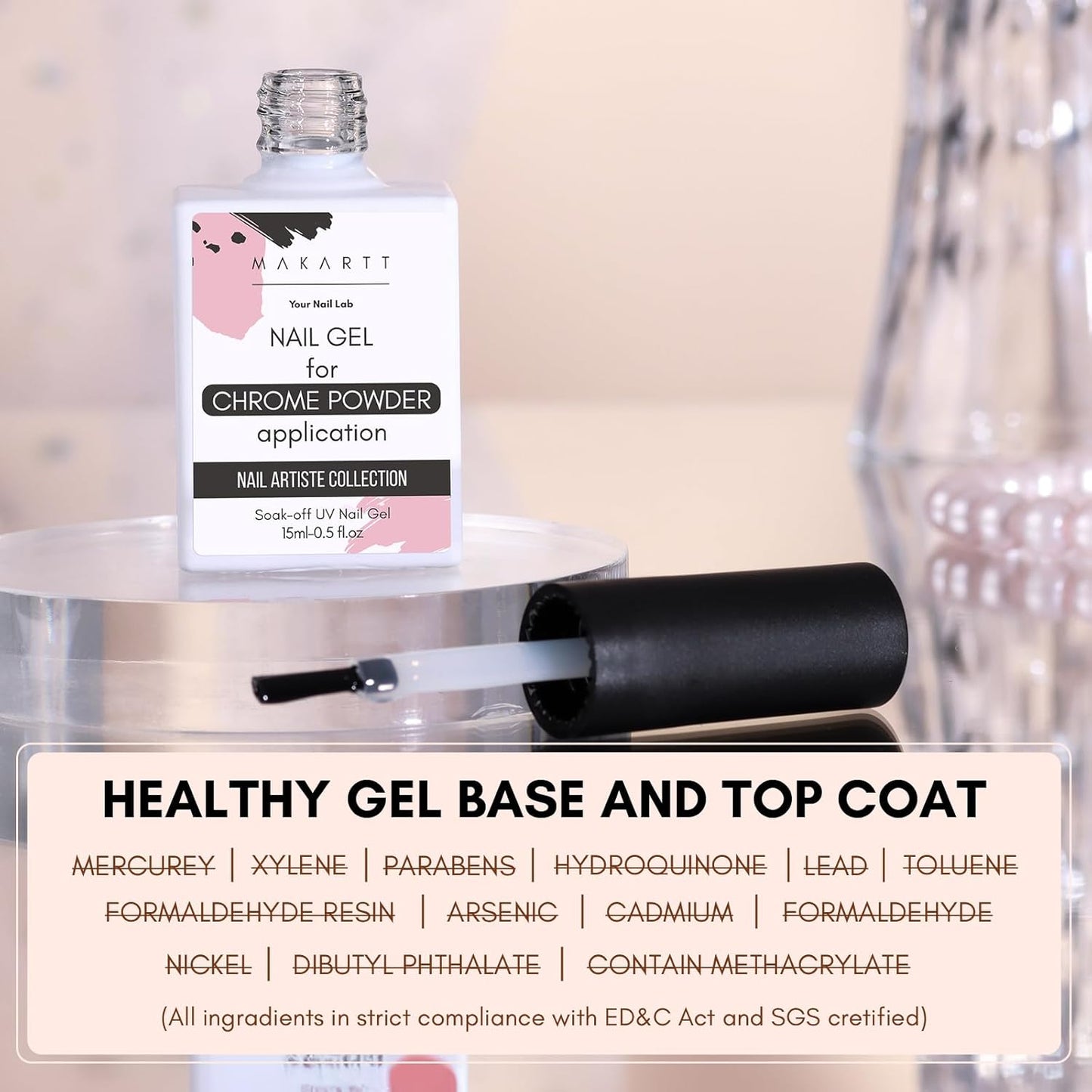 Makartt Gel Top Coat for Chrome Nail Powder - 15ml Clear No Wipe High Gloss Top Coat Gel Nail Polish Mirror Shine Long Lasting Easy Application, Soak off UV Lamp, DIY Home Salon Art Design