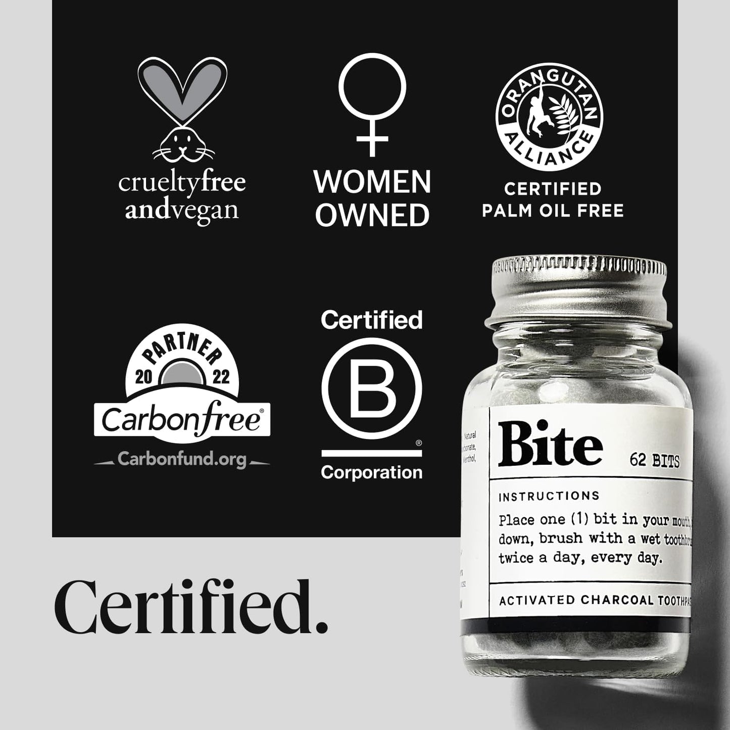 Bite Whitening Toothpaste Tablets – Nano Hydroxyapatite & Xylitol (Mint Charcoal) | Sensitive Teeth Friendly | No Fluoride, Vegan, Cruelty-Free | Travel-Size | 2 Bottles (124 Bits) | Made in USA