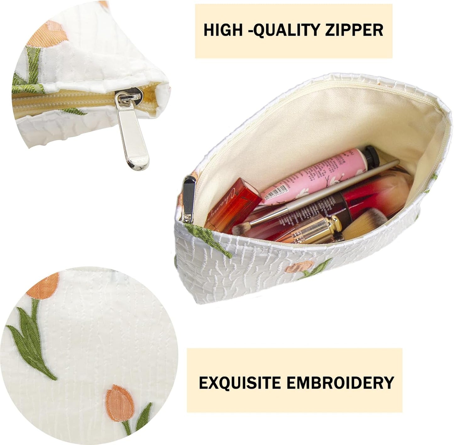 2 Pcs Makeup Bags, Large Cosmetic Bag Travel Toiletry Bag Organizer for Women, Embroidery Craft, Floral Makeup Bag Small Cosmetic Pouch Purse with Zipper Gifts for Girls Teen