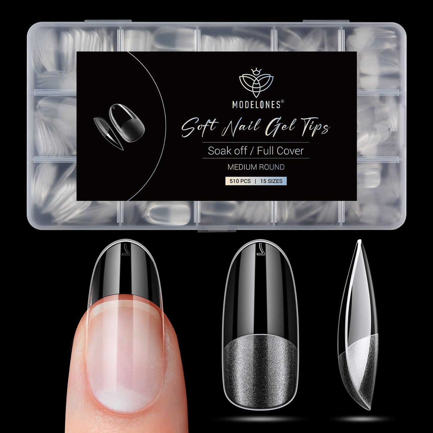 Modelones Medium Round Oval Fake Nail Tips - 510Pcs Gel Tips Pre-shaped Half Matte Full Cover Clear Acrylic Gel Kit False Press on Nails for Extension DIY Salon 15Sizes