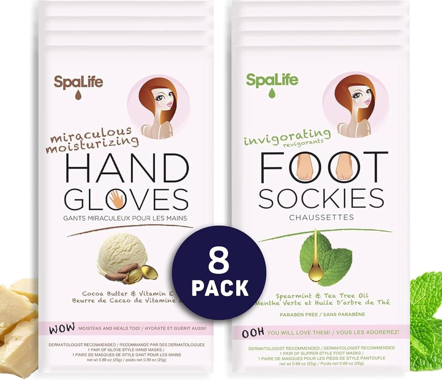 SpaLife Moisturizing Hand Gloves and Foot Sockies Bundle - 4 Hand Gloves & 4 Foot Sockies Set for Hydrating Dry, Cracked Hands and Feet - Repairing Skincare Mini Gift Set