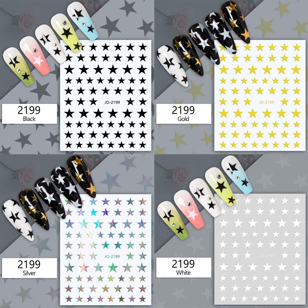 8Sheets Star Nail Stickers Gold Nail Art Stickers 3D Self Adhesive Nail Decals Silver White Gold Black Nail Art Decals Holographic Nails Design for Women Girls Nails Art Accessories DIY Manicure