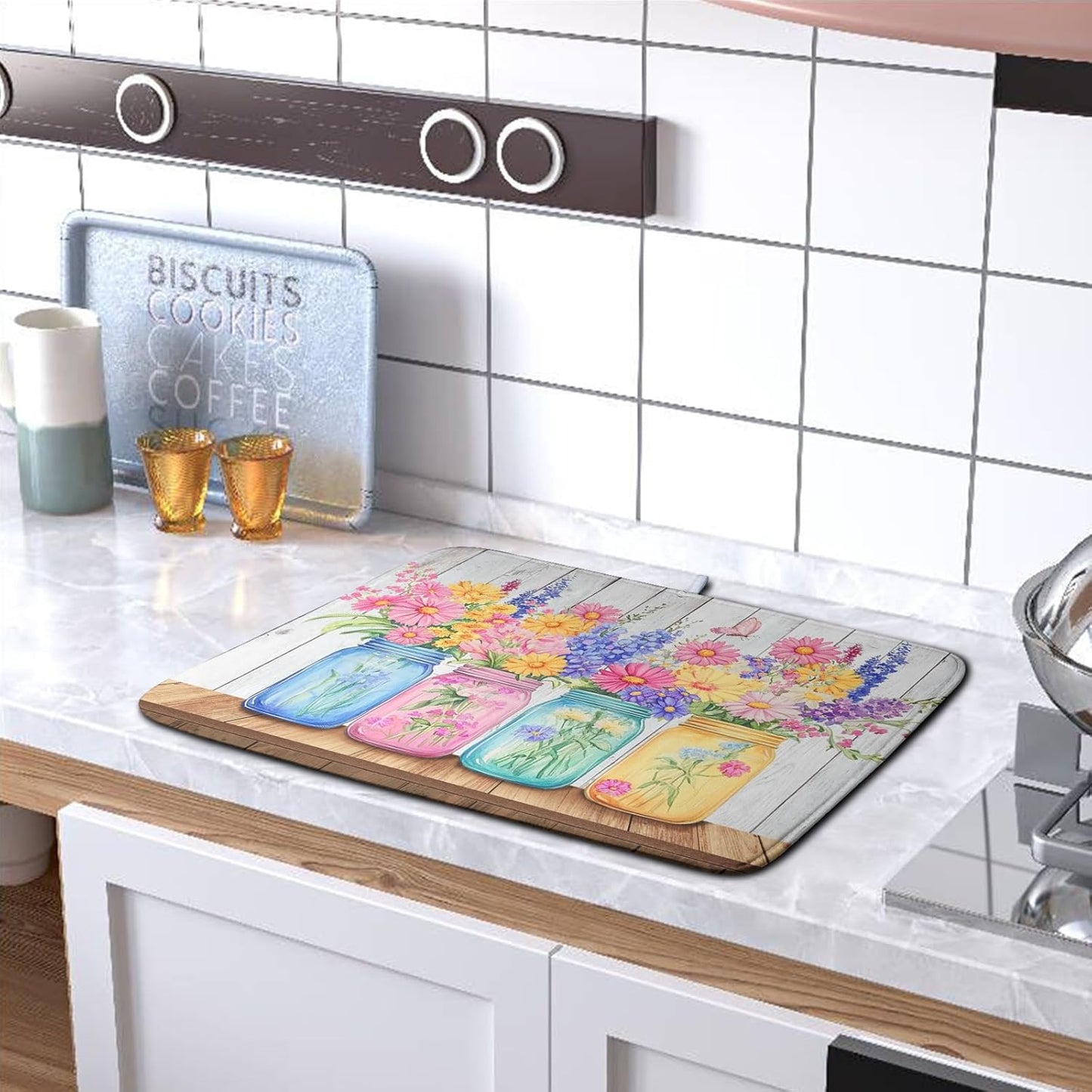 Daisy Dish Drying Mat for Kitchen Counter Spring Summer Flowers Vases Dishes Pad Microfiber Absorbent Dish Draining Mats Rustic Farmhouse Floral Wooden Board Dish Drainer Rack Mat 18x24 Inch
