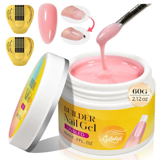 Builder Gel for Nails, 60g Glitter Pink Hard Gel for Nail Extension with 10 Nail Forms, Strengthener & Thickening, UV LED Lamp Cured Sculpture, Repair Broken Nails, Salon DIY Manicure Kit
