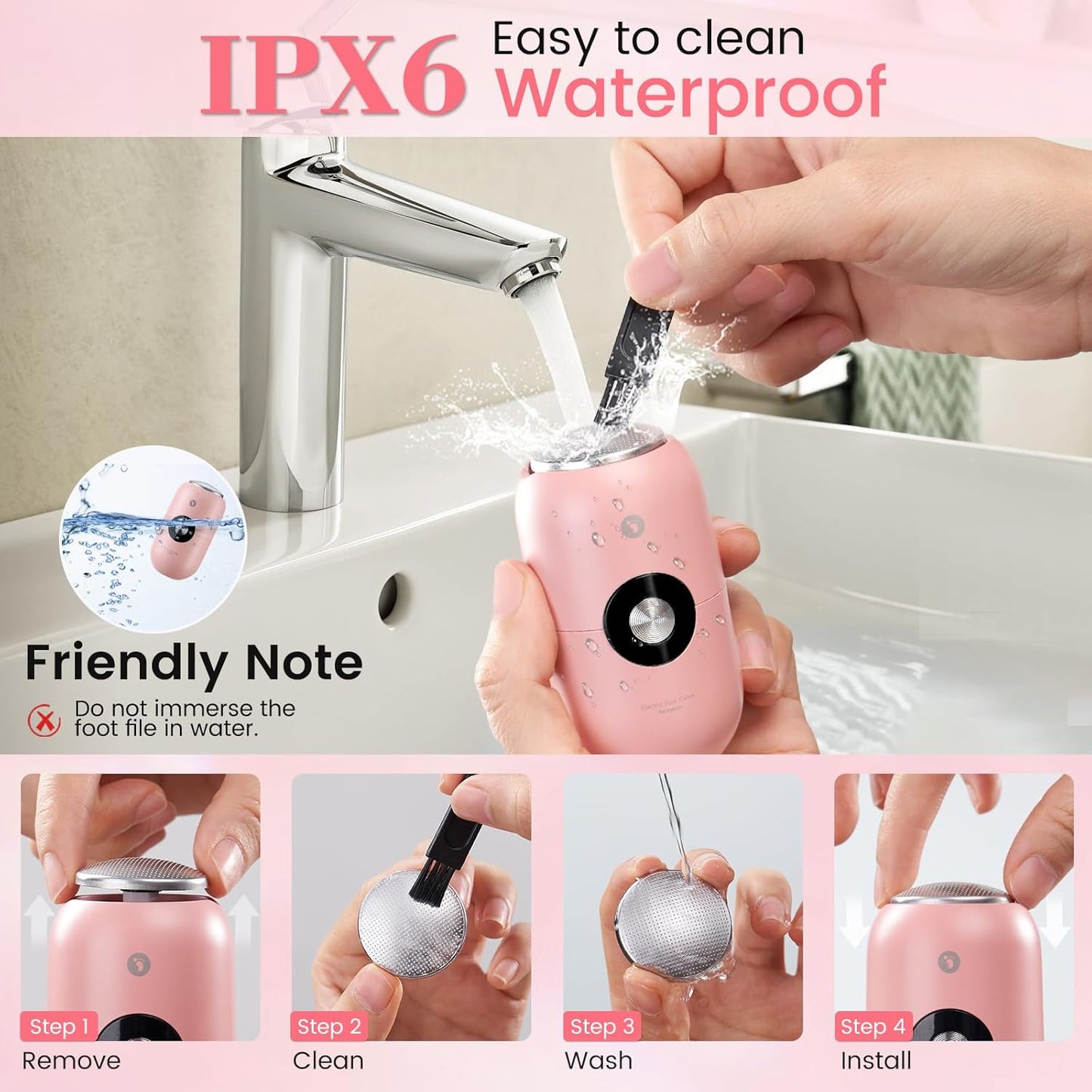 Quaferen Foot Callus Remover Electric Callus Remover for feet Rechargeable Foot File Pedicure Tools with Stainless Steel Head IPX6 Waterproof Foot Scrubber for Dead Hard Cracked Dry Skin (Pink)