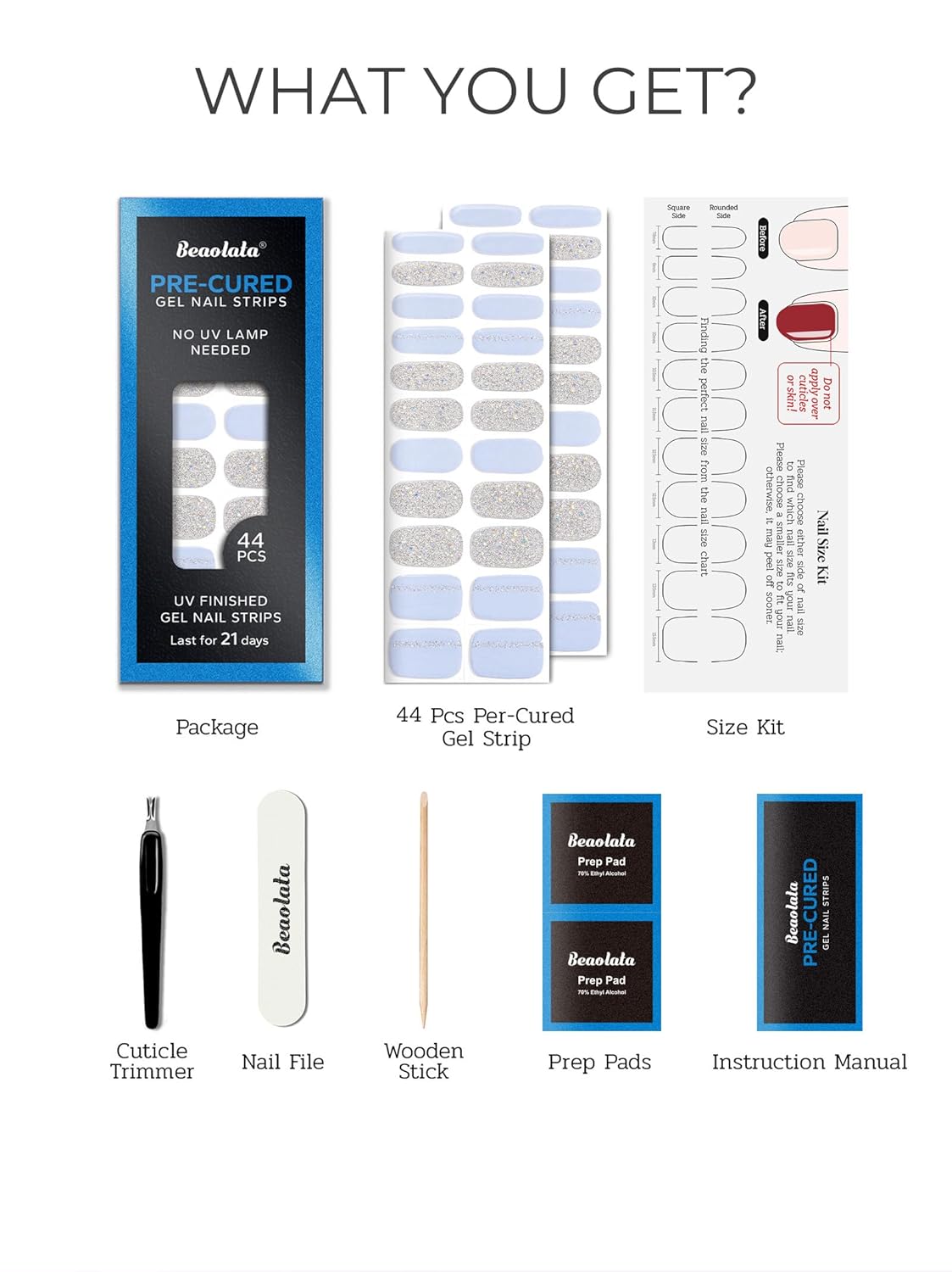 Pre Cured Gel Nail Strips - 44PCS Salon Quality Gel Nail Stickers - Long Lasting Polish Wraps for Women no UV Light Needed Easy Apply& Remove (Unicorn Silver Magic）