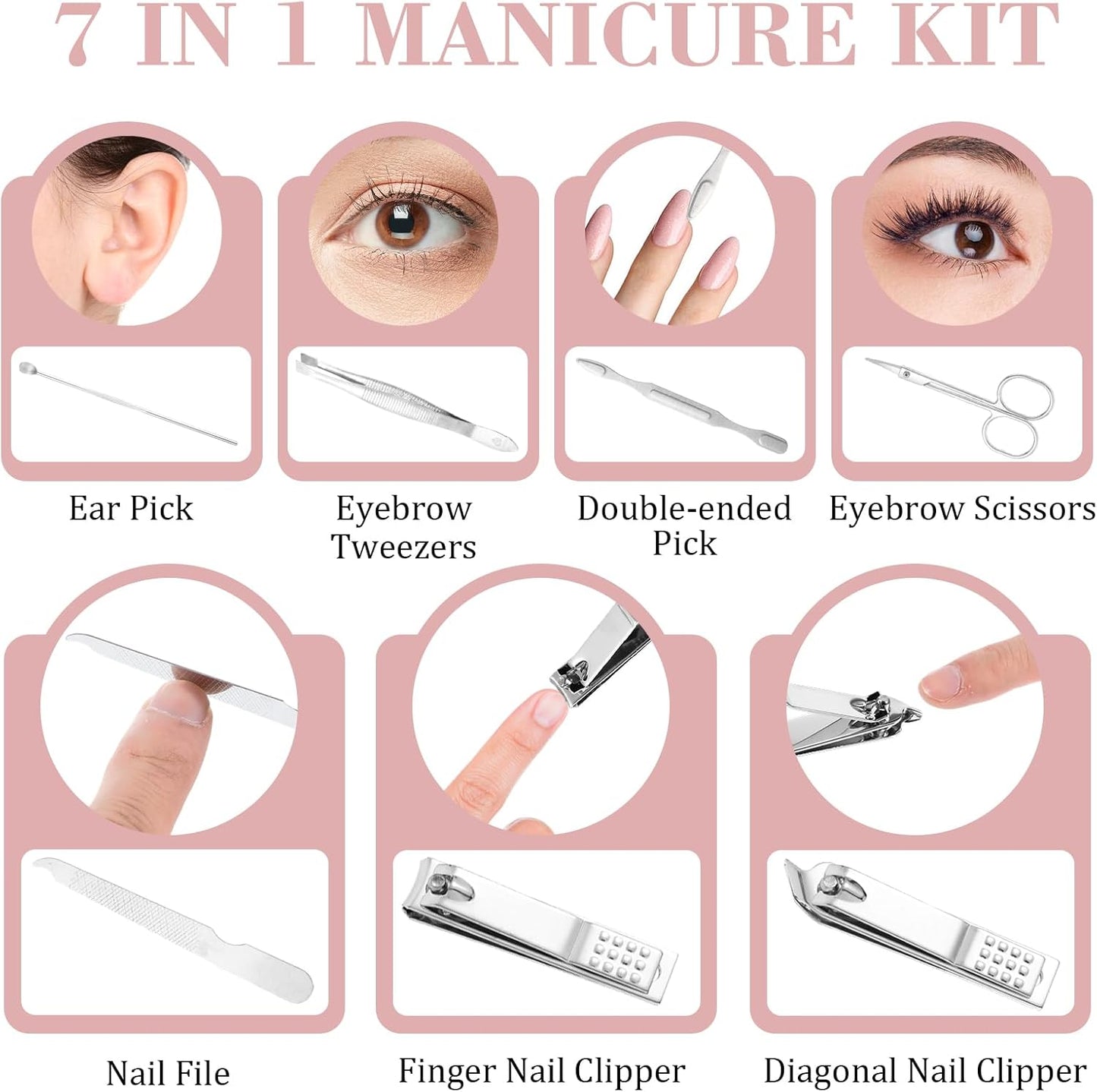 12 Sets Manicure Set, 7 in 1 Stainless Steel Nail Care Kit, Sturdy Manicure Tool Kits with Travel Case, Nail Grooming Kit Gift, for Men and Women(6 Colors)