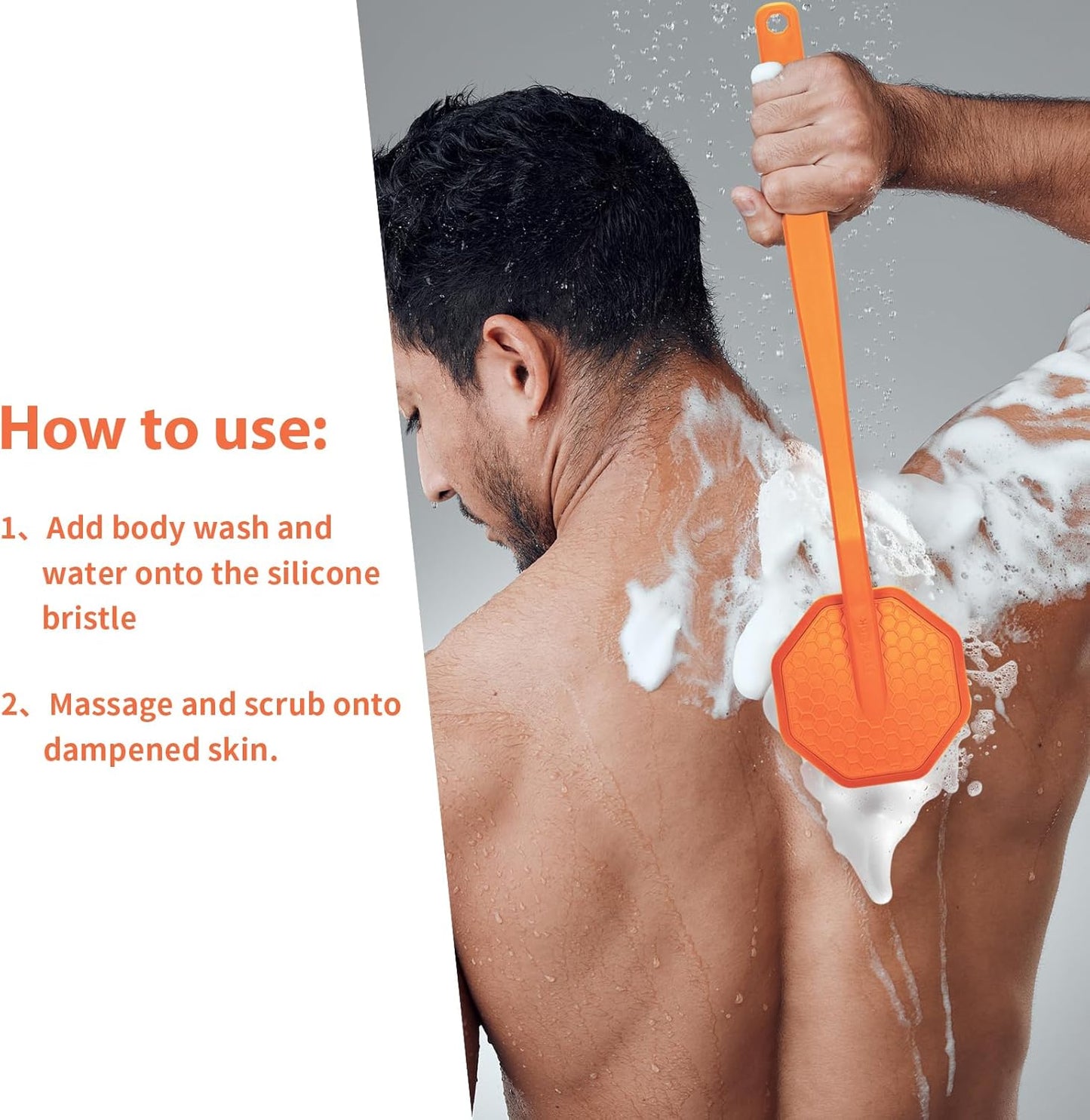 iTokGoK® Silver-Infused Silicone Back Scrubber with Long Handle Back Brush for Shower,Back Brush Long Handle for Men and Women,Ergonomic No-Slip Handle, Long-Lasting (Orange)