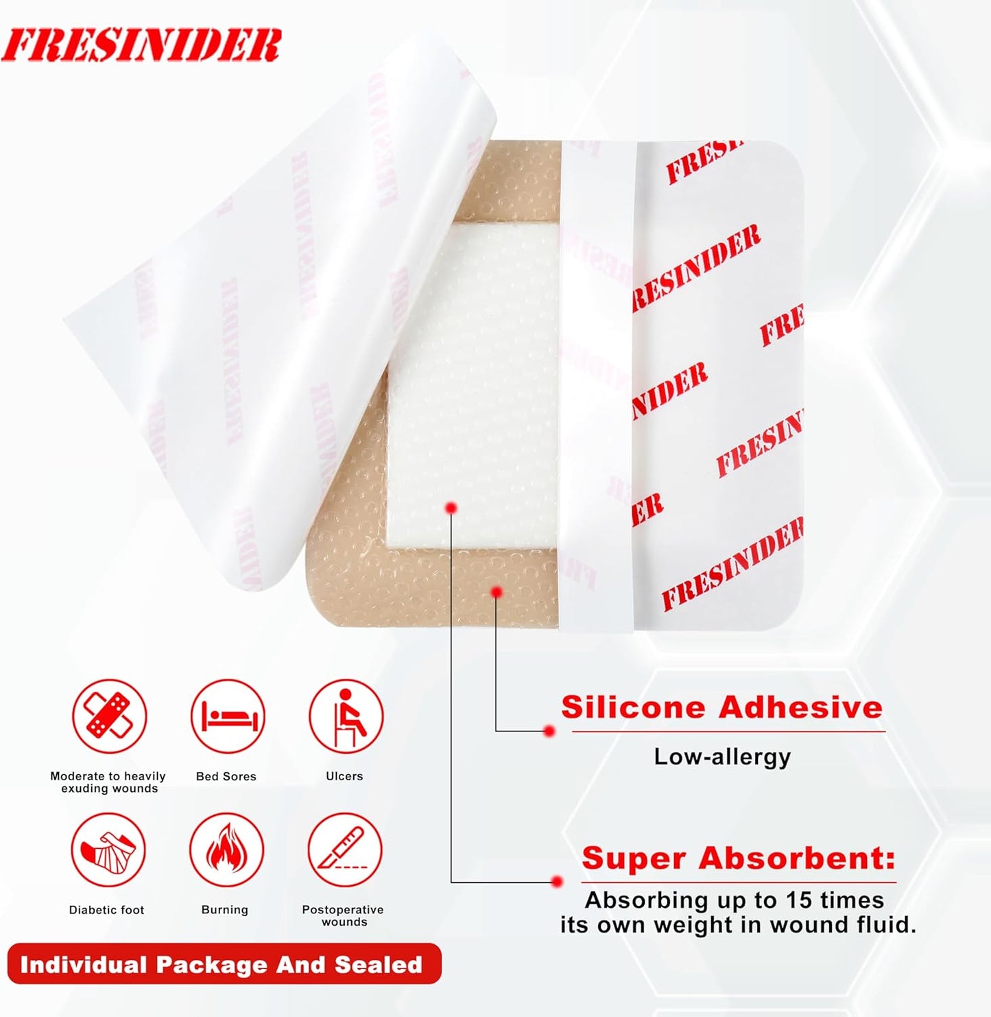 FRESINIDER Silicone Foam Dressing with Adhesive Border – Wound Dressing Bandage – Silicone Foam Pad – Pack of 20 – 3 x 3 Inches Large Waterproof Bandages – Self Adhesive Wound Care and Dressings